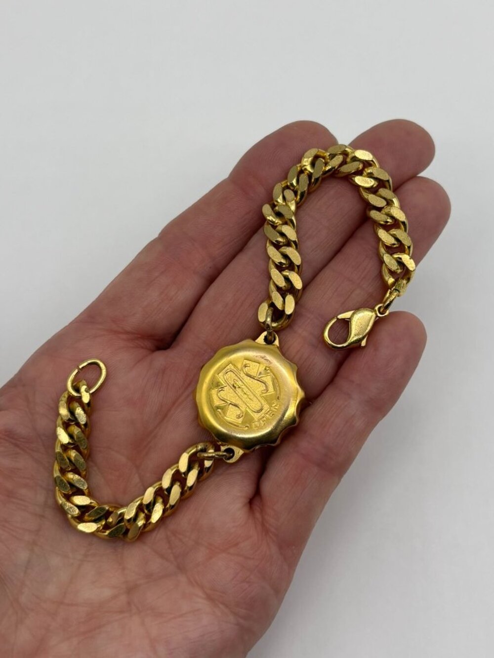 Vintage S.OS. Medical I.D. Bracelet Gold-Tone Stainless Steel Metal, Curb Chain - Picture 4 of 11